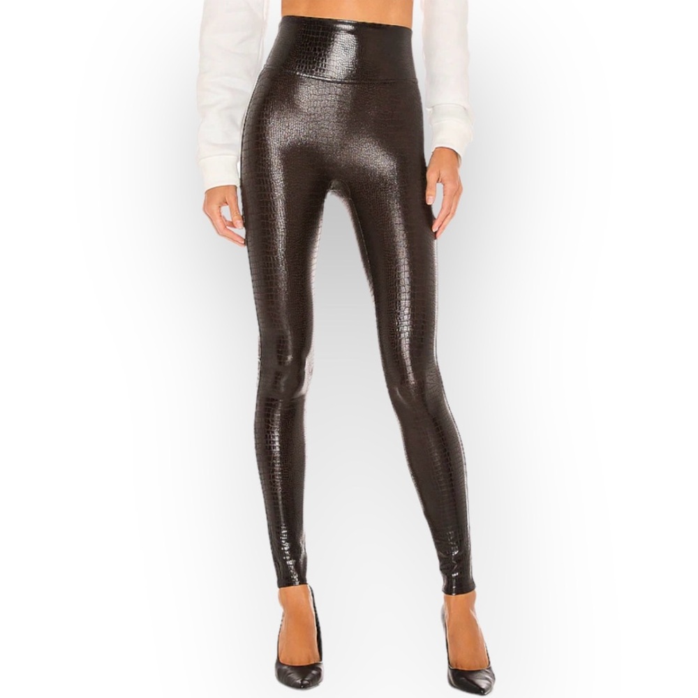 Spanx Faux Leather Croc Leggings in Black Brown High Rise Shaping Size Small